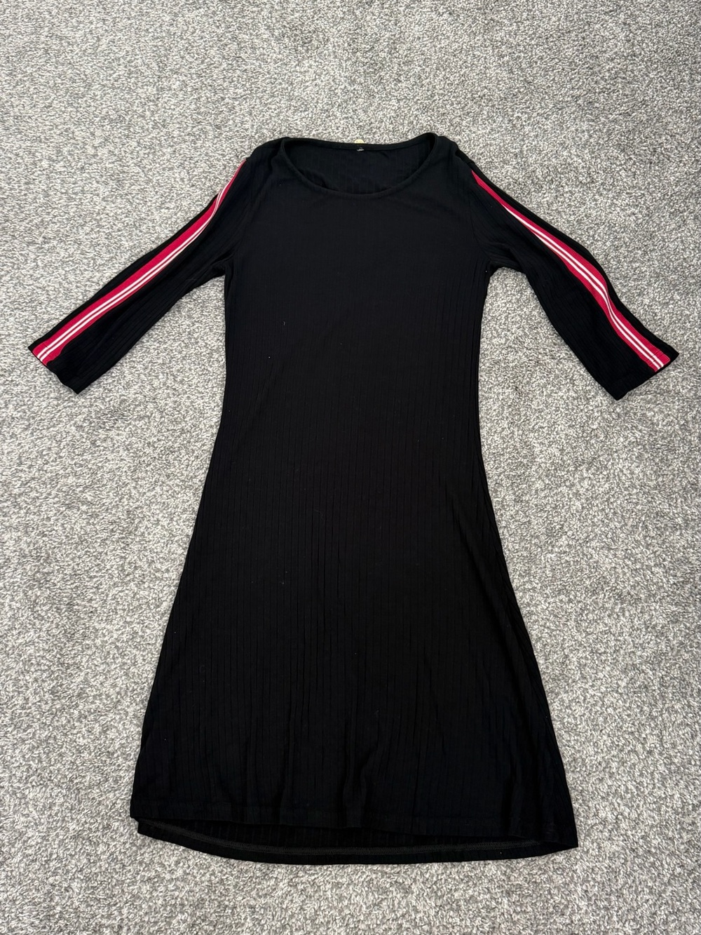 Black Ribbed Midi Dress with Pink Stripe Sleeve